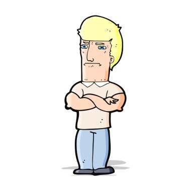 Çizgi filmdeki kolları katlanmış sinirli adam.