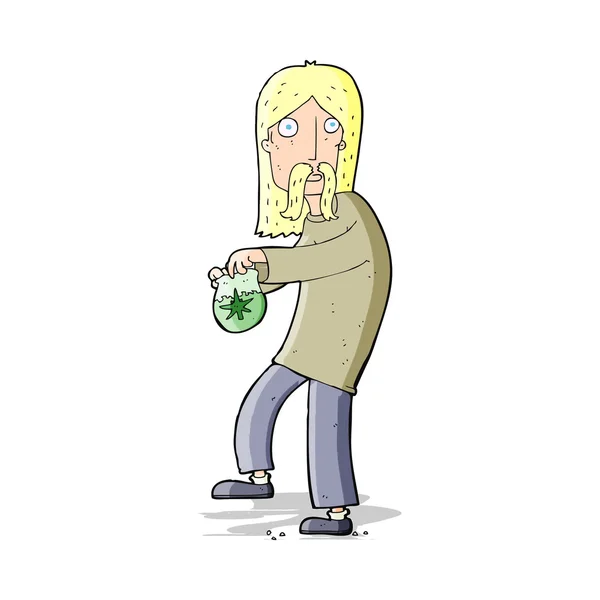 Cartoon hippie man with bag of weed — Stock Vector