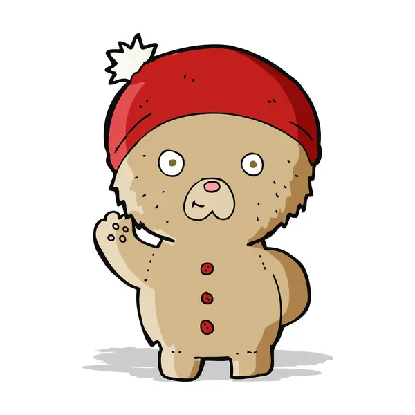 Cartone animato sventolando orsacchiotto in cappello invernale — Vettoriale Stock