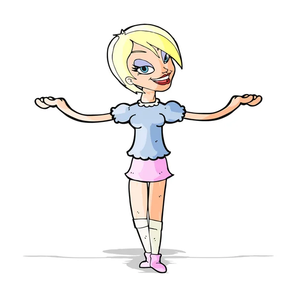 開かれた腕のジェスチャーを作る漫画の女性 — ストックベクタ