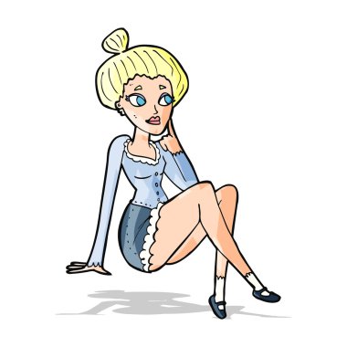 Çizgi film çekici kadın oturup düşünüyor.