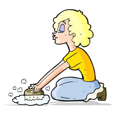 Çizgi filmdeki kadın yerleri fırçalıyor.