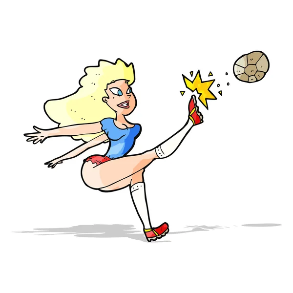 Cartoon female soccer player kicking ball — Stock Vector