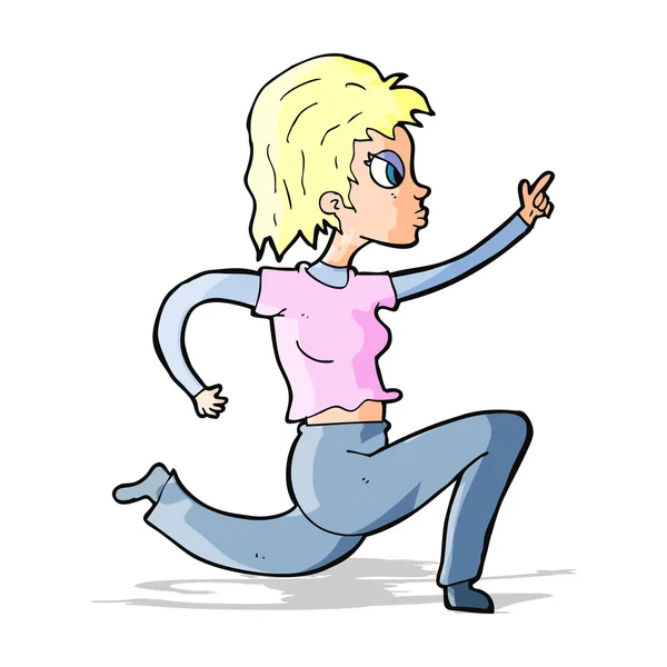 Mujer de dibujos animados corriendo y señalando — Vector de stock