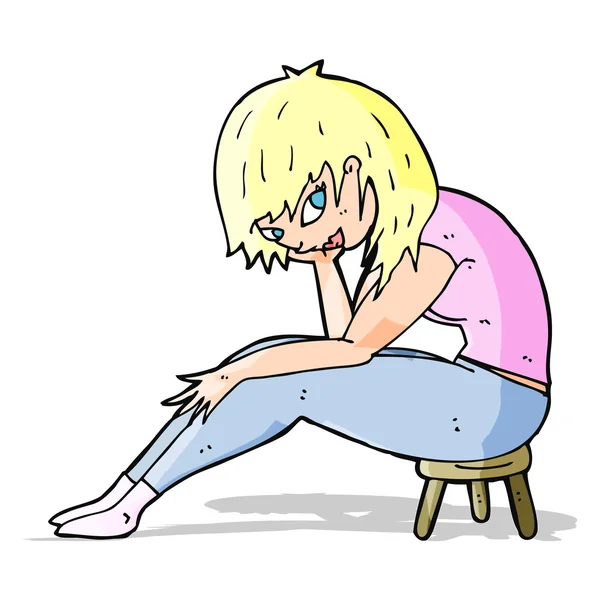 Γελοιογραφία γυναίκα κάθεται σε μικρό σκαμνί — Διανυσματικό Αρχείο