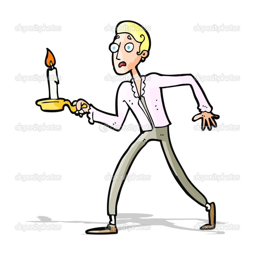 cartoon frightened man walking with candlestick