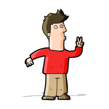 Çizgi filmci barış işareti veriyor.