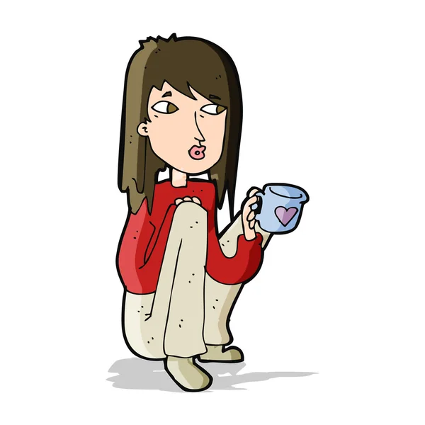 Cartoon-Frau sitzt mit Tasse Kaffee — Stockvektor