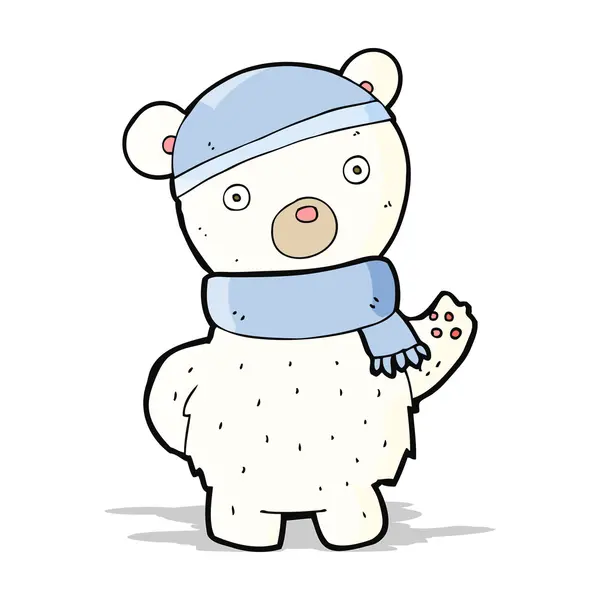 Oso polar de dibujos animados en sombrero de invierno y bufanda — Vector de stock