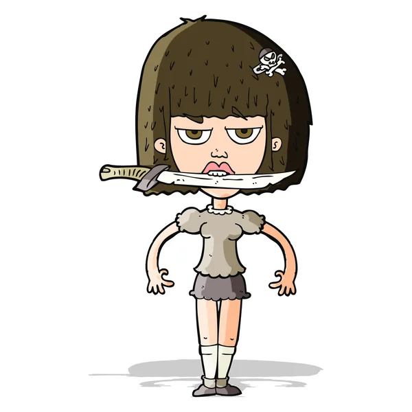 Femme dessin animé avec couteau entre les dents — Image vectorielle