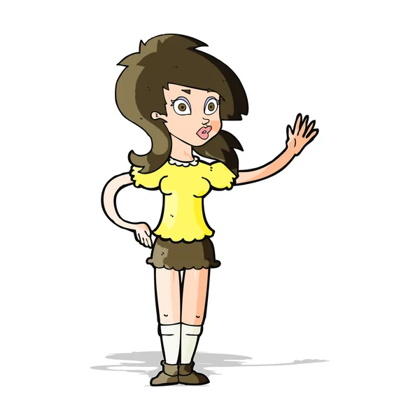 Dibujos animados mujer bonita saludando para llamar la atención — Vector de stock
