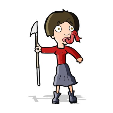 Dilini mızrakla çıkaran çizgi filmdeki kadın.