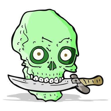 Dişlerinde bıçak olan korsan kafatası.