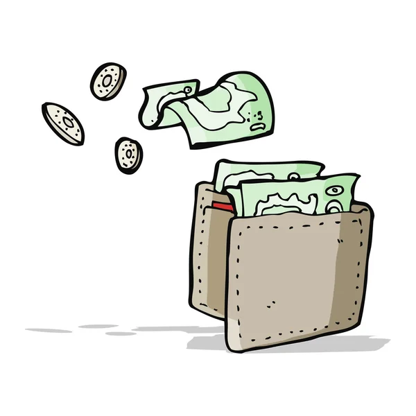 Cartoni animati portafoglio versando soldi — Vettoriale Stock