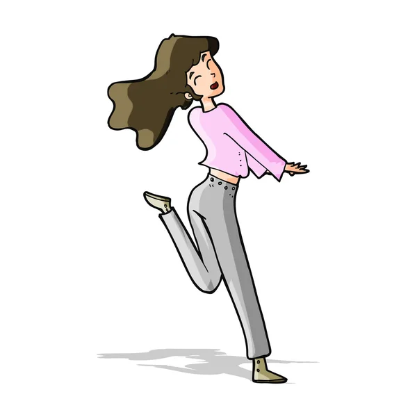 Desenho animado menina feliz chutando para fora perna — Vetor de Stock