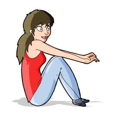 çizgi film mutlu kadın oturuyor.