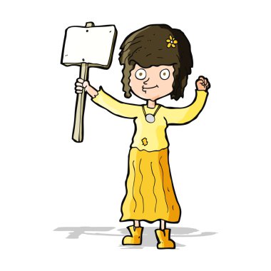 Protesto işareti olan hippi kız.