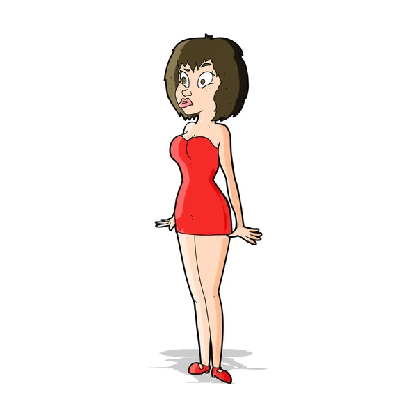 Dibujos animados mujer sorprendida en vestido corto — Vector de stock