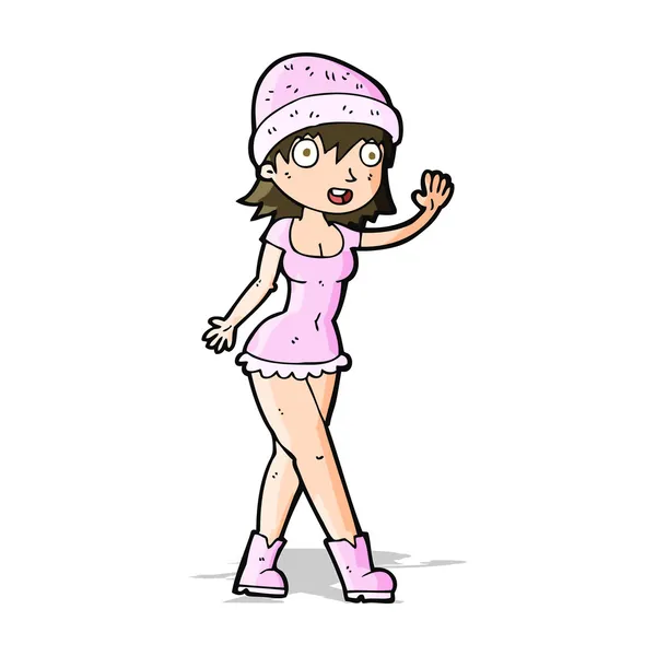 Dibujos animados chica bonita en sombrero ondeando — Vector de stock