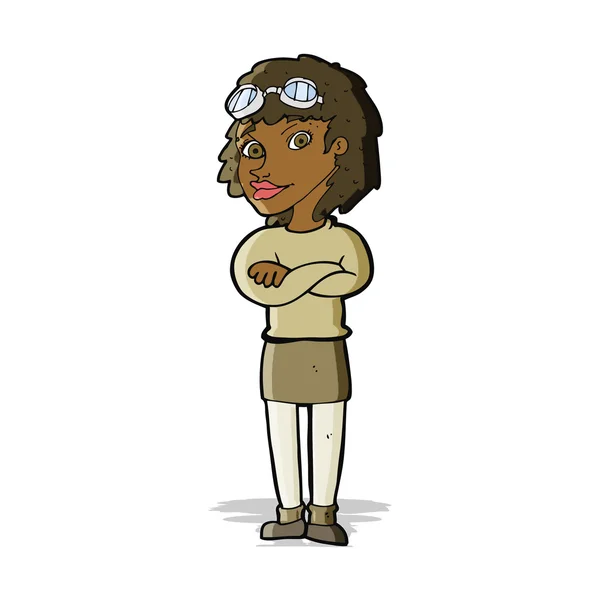 Femme dessin animé avec bras croisés et lunettes de sécurité — Image vectorielle