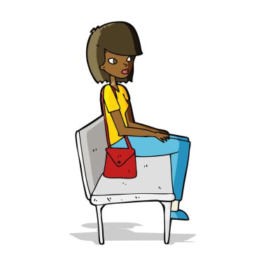 Çizgi filmdeki kadın bankta oturuyor.