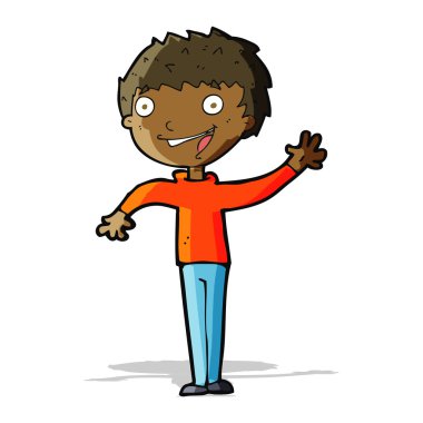 Çizgi film mutlu çocuk el sallıyor