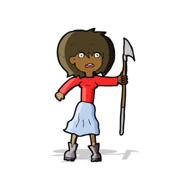 Zıpkınlı karikatür kadın.