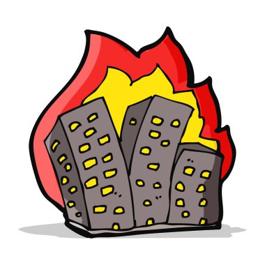 binaları yanan karikatür