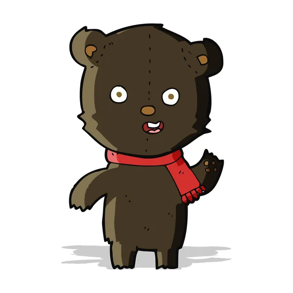 Dibujos animados ondeando cachorro de oso negro con bufanda — Vector de stock