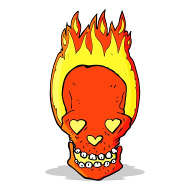 karikatür alevli kafatası aşk dolu kalp gözleri