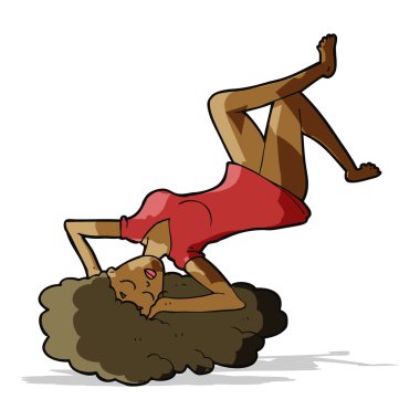 Çizgi filmdeki kadın yerde yatıyor.