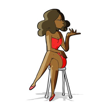 Çizgi filmdeki kadın bar taburesinde oturuyor.