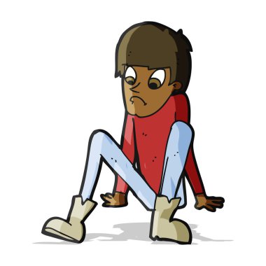 Çizgi filmci çocuk yerde oturuyor.