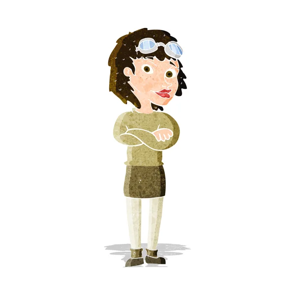Tecknad kvinna med korsade armar och skyddsglasögon — Stock vektor