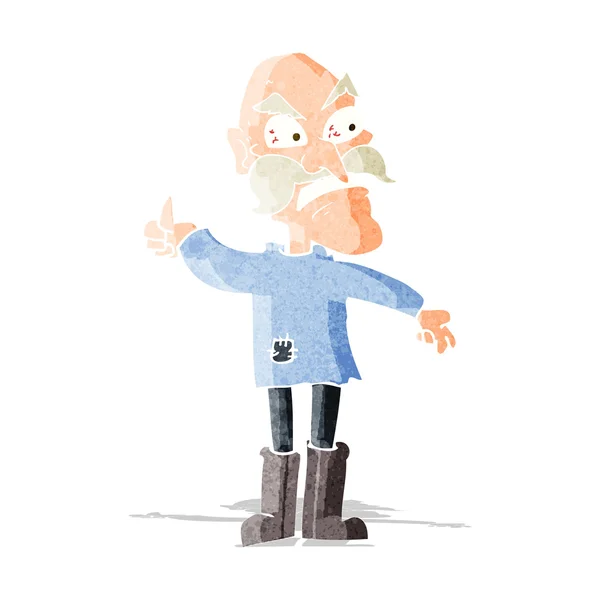 Hombre viejo enojado de dibujos animados en ropa parcheada — Vector de stock
