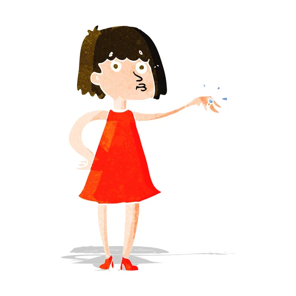 Mujer de dibujos animados mostrando anillo de compromiso — Vector de stock