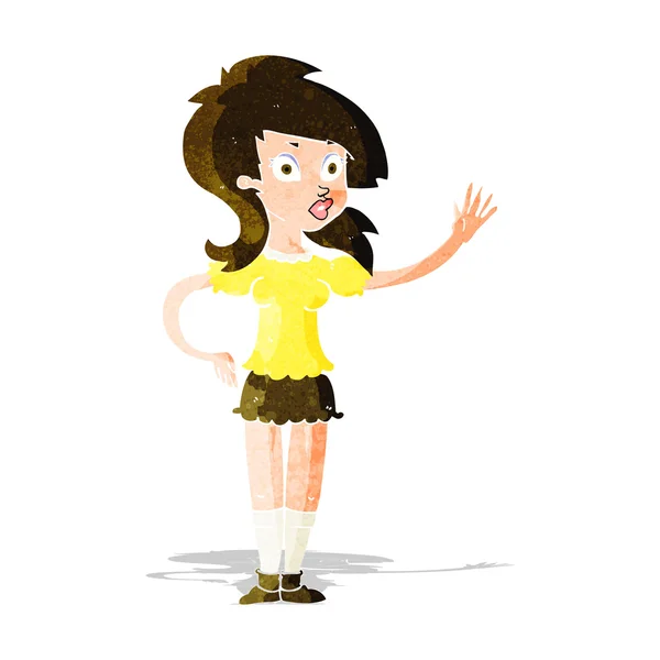 Dibujos animados mujer bonita saludando para llamar la atención — Vector de stock