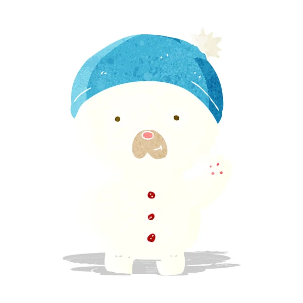 Cartoon waving polar teddy bear in winter hat — Stock Vector