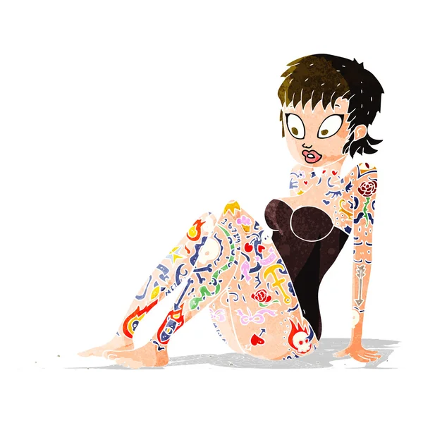 Dibujos animados tatuaje chica en traje de baño — Vector de stock