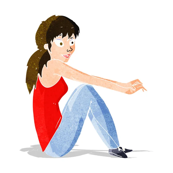 Dibujos animados mujer feliz sentado — Vector de stock