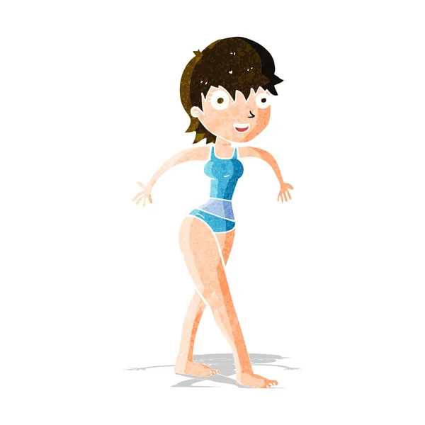 Cartoon happy woman in swimming costume — Stock Vector