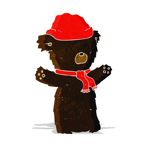 Kreskówka słodkie czarny niedźwiedź w kapelusz i szalik — Wektor stockowy