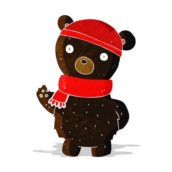 Cartoon black bear in winter hat and scarf — Stock Vector