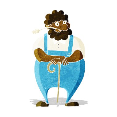 Çizgi film çiftçisi bastona yaslanıyor.