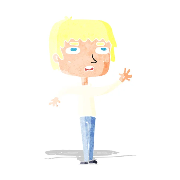 Dibujos animados infeliz chico saludando — Vector de stock