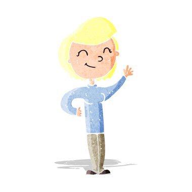 Çizgi film dostu el sallayan kadın.