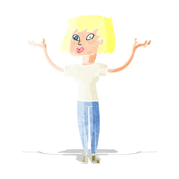 Γελοιογραφία γυναίκα που κρατά ψηλά τα χέρια — Διανυσματικό Αρχείο