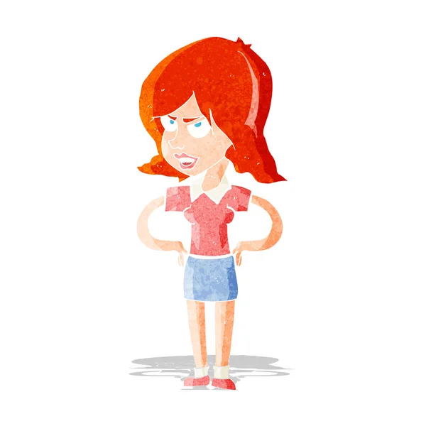 Cartoon annoyed woman with hands on hips — Stock Vector