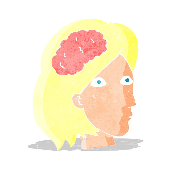 Cabeza femenina de dibujos animados con símbolo cerebral — Vector de stock