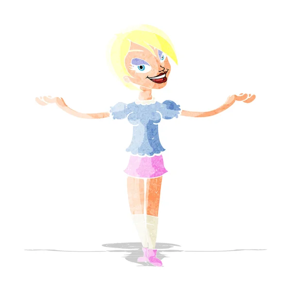 Mujer de dibujos animados haciendo gesto de brazo abierto — Vector de stock